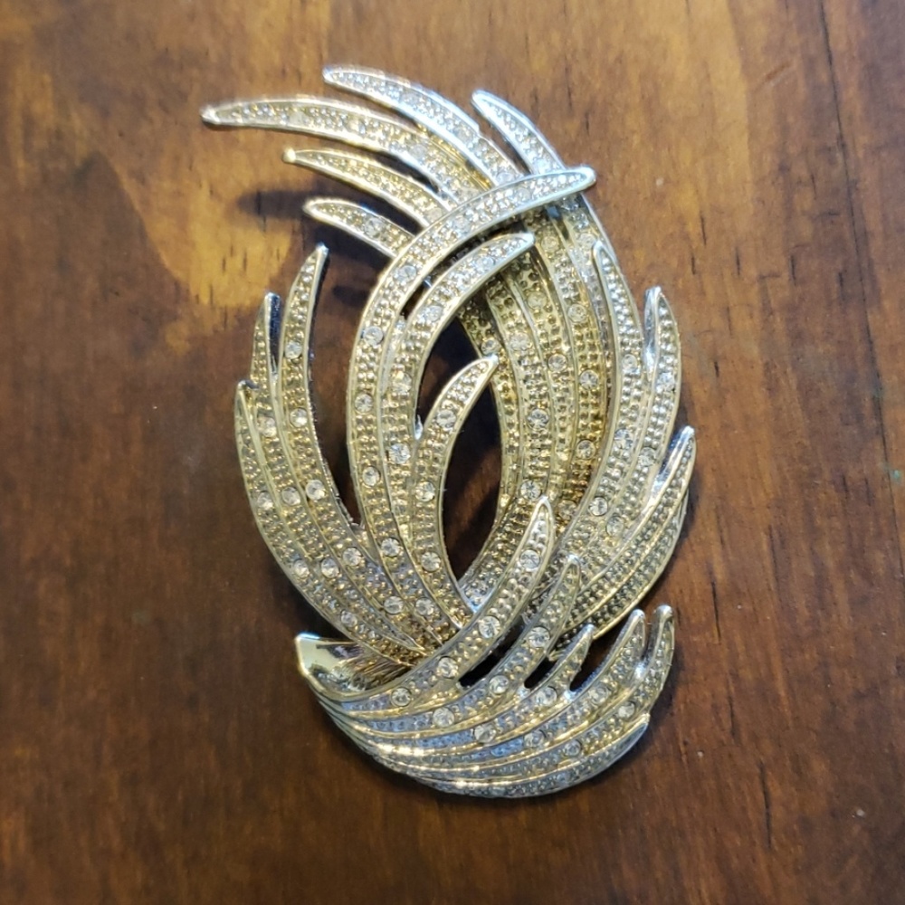 Silver Tone Crystal Accented Wing Feather Brooch